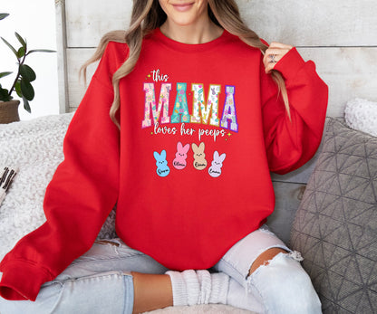 Personalized Mama Easter Shirt, This Mama Loves Her Peeps, Bunny Mom Sweatshirt, Mommy Peeps Shirt, Mom with Kids Names Easter Shirt