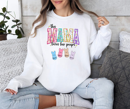 Personalized Mama Easter Shirt, This Mama Loves Her Peeps, Bunny Mom Sweatshirt, Mommy Peeps Shirt, Mom with Kids Names Easter Shirt