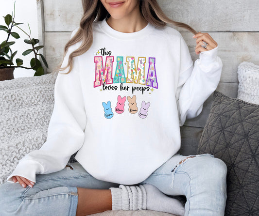 Personalized Mama Easter Shirt, This Mama Loves Her Peeps, Bunny Mom Sweatshirt, Mommy Peeps Shirt, Mom with Kids Names Easter Shirt