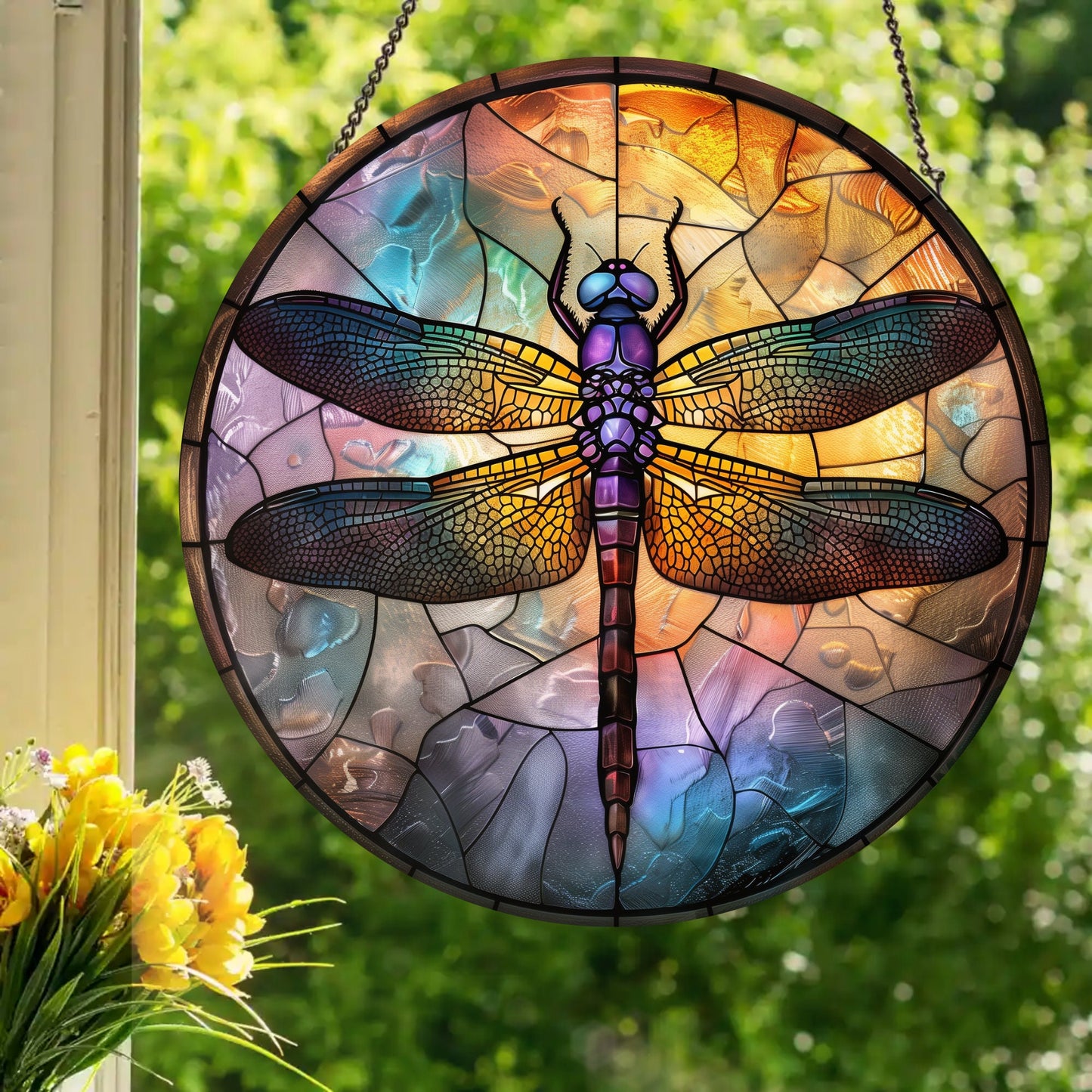 Purple Dragonfly: Stained Glass Style Window Hanging