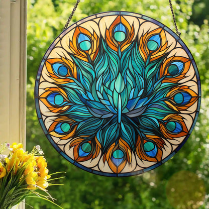 Peacock Feather Mandala: Stained Glass Style Window Hanging Made With Real Glass