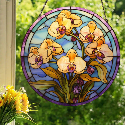 Yellow Orchids: Stained Glass Style Window Hanging Made With Real Glass