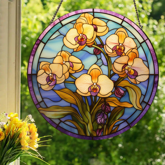 Yellow Orchids: Stained Glass Style Window Hanging Made With Real Glass