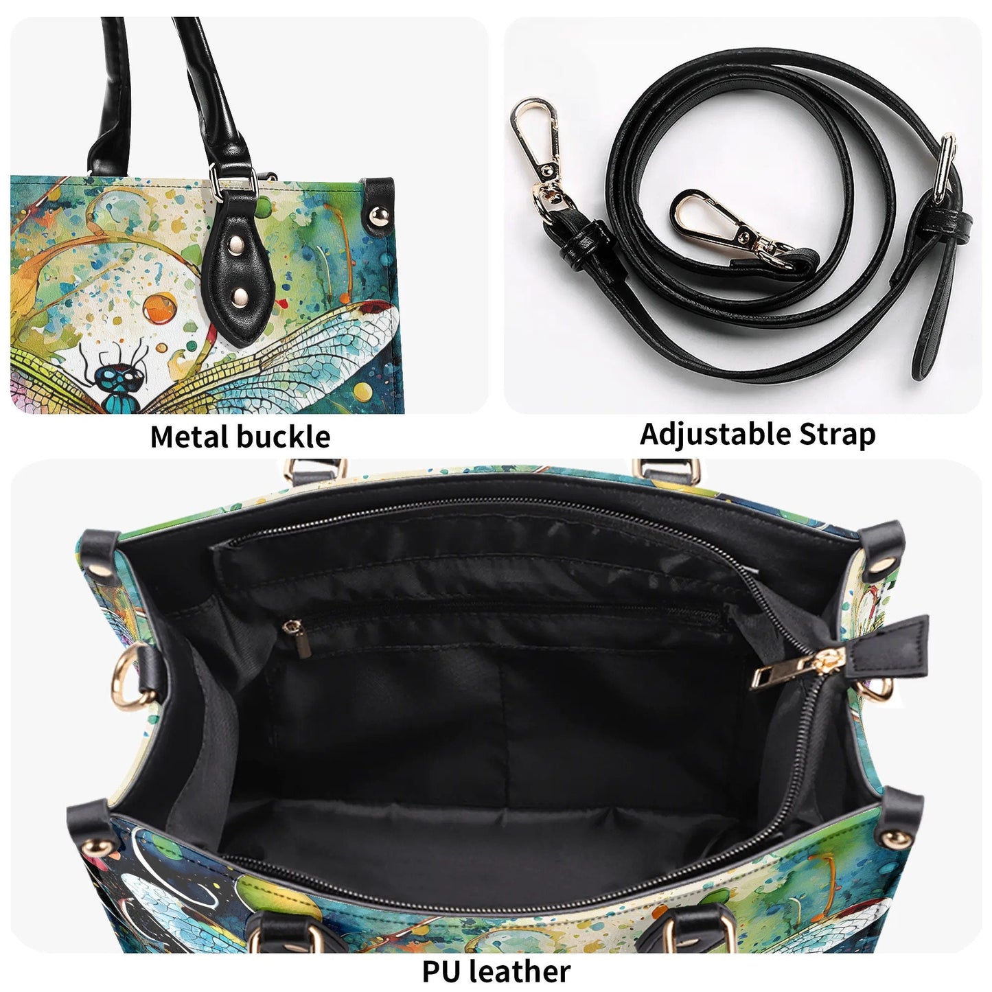 Watercolor Dragonfly Handbag. Colorful Handbag, Waterproof PU Leather Handbag, Top Handle Vegan Leather, Crossbody, Shoulder bag.