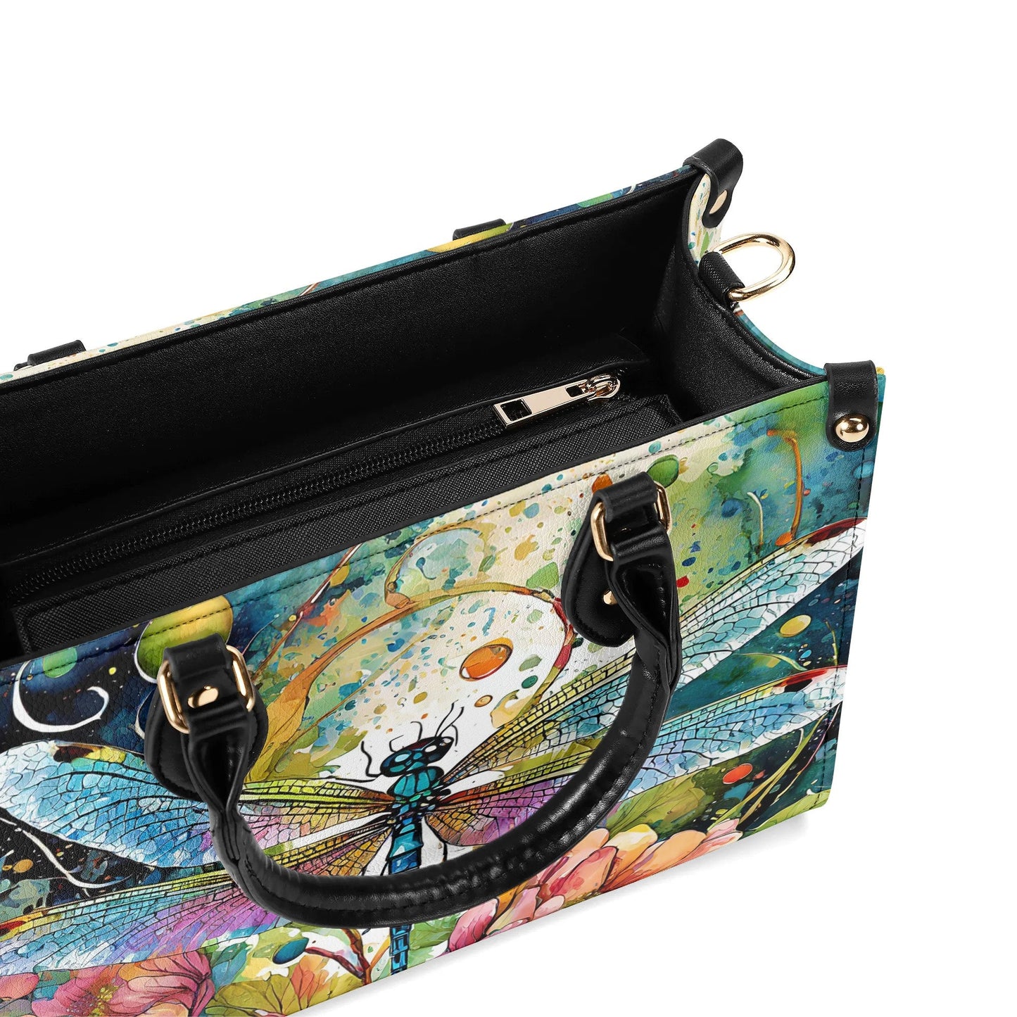 Watercolor Dragonfly Handbag. Colorful Handbag, Waterproof PU Leather Handbag, Top Handle Vegan Leather, Crossbody, Shoulder bag.