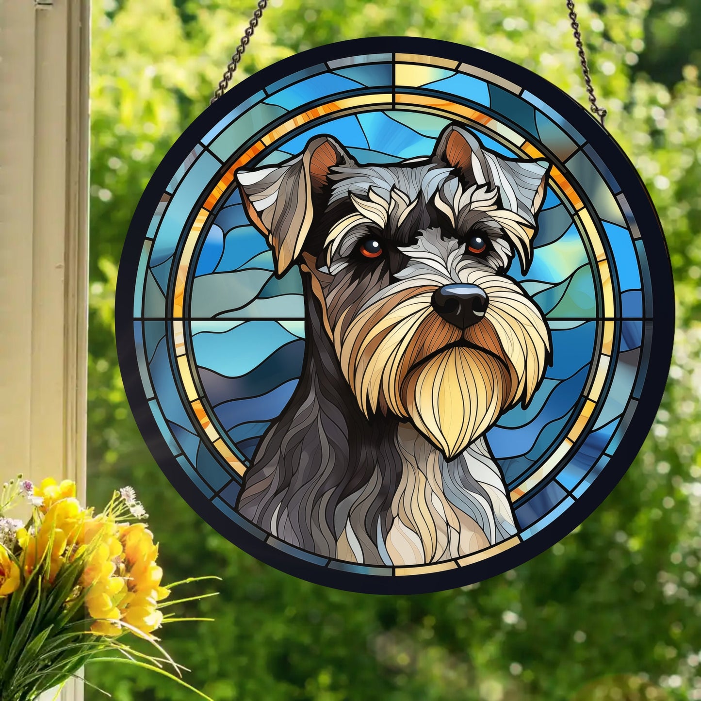 Schnauzer: Stained Glass Style Window Hanging