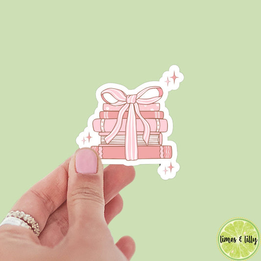 Coquette Bow Book Stack Sticker, bookish stickers, book lover, book stickers, kindle, laptop, romance reader, booktok, pink