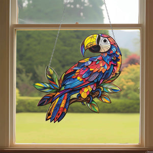 A colorful parrot on the branch Window Hanging, Vibrant Parrot Window Hanging,Colorful Bird Acrylic Decor,Tropical Decor,Parrot Garden Decor