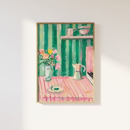 Pink And Green Aesthetic Cute Kitchen Artistic Print, Dopamine Decor Pastels, Trendy Preppy Kitchen Poster, Kitchen Decor, Coffee Flowers