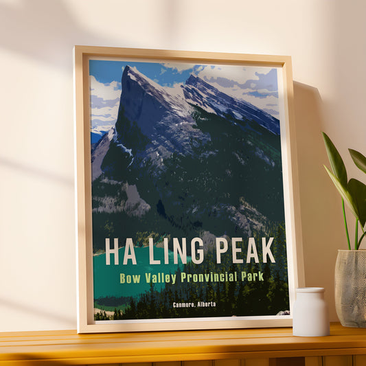 Ha Ling Peak Retro Travel Poster, Canmore Alberta Wall Art, Canadian Rockies Poster, Hiking Canada Wall Print, Bow Valley Provincial Park