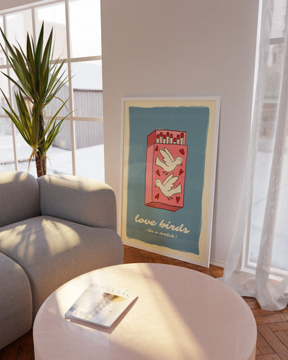 Love Birds Poster, Matchbox Poster, Trendy Wall Art, Apartment Decor, Retro Wall Art, Coquette Room Decor, Pink Wall Art, Pink Bow Print