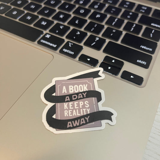 A book a day keeps reality away sticker, book stickers, spicy romance bookish sticker, black book, kindle stickers