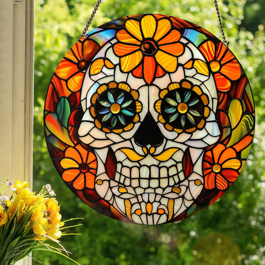Sugar Skull with Marigolds: Stained Glass Style Window Hanging