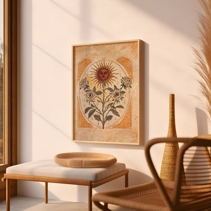 Sun Art Poster Mystical Folk Art Illustration Flowery Spiritual Print Botanical Rose Boho Wall Art Earth Tones Flowery Bedroom Decor