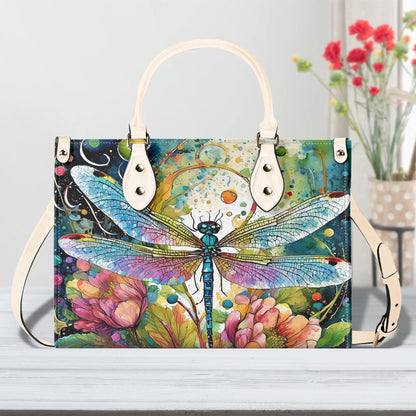 Watercolor Dragonfly Handbag. Colorful Handbag, Waterproof PU Leather Handbag, Top Handle Vegan Leather, Crossbody, Shoulder bag.