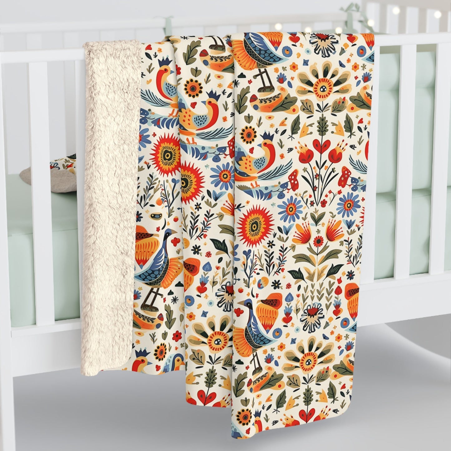 Scandinavian Charm Sherpa Fleece Blanket| Nordic Birds and Forest Images| Luxury Tradition in a Cozy Sherpa Blanket| Narvick Birds Blanket