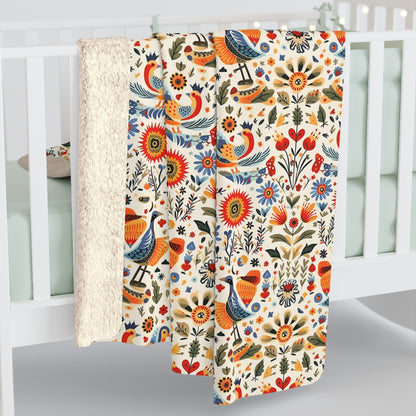 Scandinavian Charm Sherpa Fleece Blanket| Nordic Birds and Forest Images| Luxury Tradition in a Cozy Sherpa Blanket| Narvick Birds Blanket