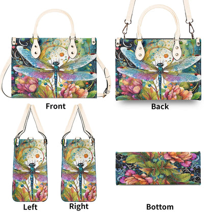 Watercolor Dragonfly Handbag. Colorful Handbag, Waterproof PU Leather Handbag, Top Handle Vegan Leather, Crossbody, Shoulder bag.