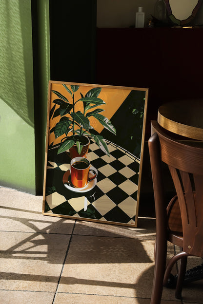 Retro Coffee Shop Print, Retro Cafe, Coffee Art, Checkerboard Tiles, Food Drink Kitchen Poster, Dining Room Art, Coffee Lover Gift, Vintage