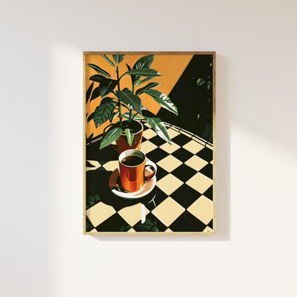 Retro Coffee Shop Print, Retro Cafe, Coffee Art, Checkerboard Tiles, Food Drink Kitchen Poster, Dining Room Art, Coffee Lover Gift, Vintage