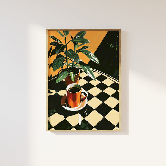 Retro Coffee Shop Print, Retro Cafe, Coffee Art, Checkerboard Tiles, Food Drink Kitchen Poster, Dining Room Art, Coffee Lover Gift, Vintage