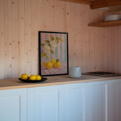 Lemons And Bumble Bee Kitchen Print, Mediterranean Poster, Kitchen Wall Art, Farmhouse Country Aesthetic Print, Summer Citrus Fruit Flowers