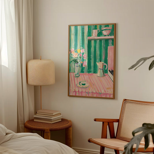 Pink And Green Aesthetic Cute Kitchen Artistic Print, Dopamine Decor Pastels, Trendy Preppy Kitchen Poster, Kitchen Decor, Coffee Flowers