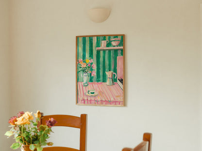 Pink And Green Aesthetic Cute Kitchen Artistic Print, Dopamine Decor Pastels, Trendy Preppy Kitchen Poster, Kitchen Decor, Coffee Flowers