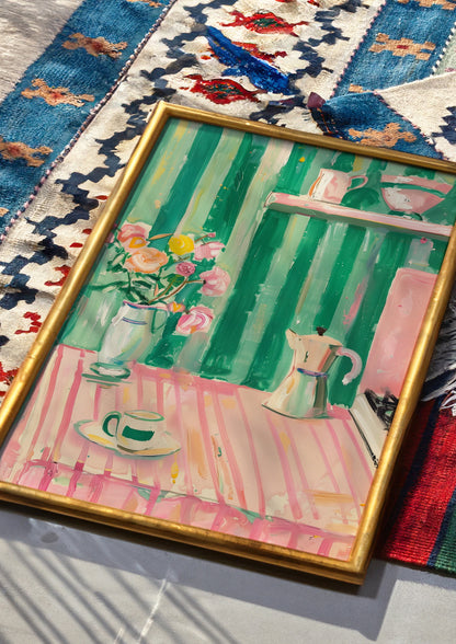 Pink And Green Aesthetic Cute Kitchen Artistic Print, Dopamine Decor Pastels, Trendy Preppy Kitchen Poster, Kitchen Decor, Coffee Flowers