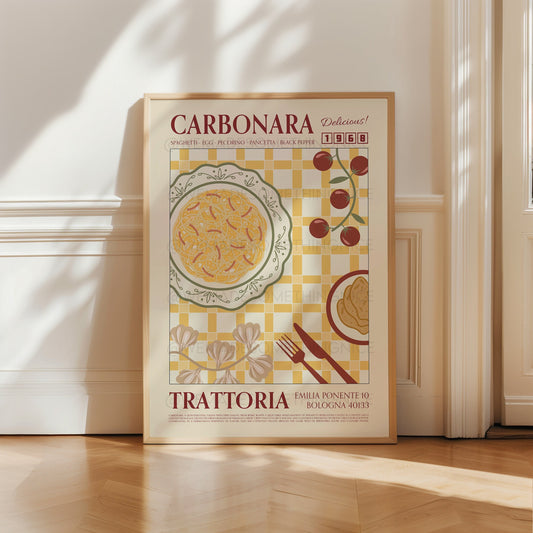 Carbonara Poster, Pasta Poster, Kitchen Poster, Kitchen Print, Retro Poster, Modern Kitchen Decor, Retro Wall Art, Wine Art