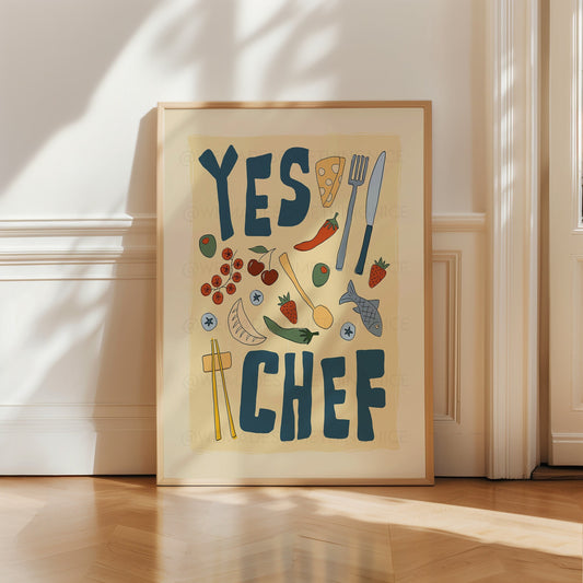 Yes Chef Poster, Kitchen Art, Kitchen Print, Trendy Wall Art, Maximalist Wall Art, Apartment Decor, Retro Wall Art, Food Poster