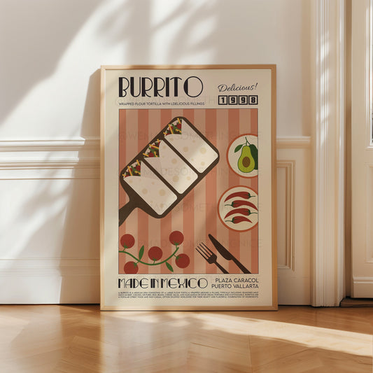 Burrito Poster, Kitchen Poster, Kitchen Print, Modern Kitchen Decor, Mexico, Food, Chef Print, Exhibition Poster, Retro Wall Art
