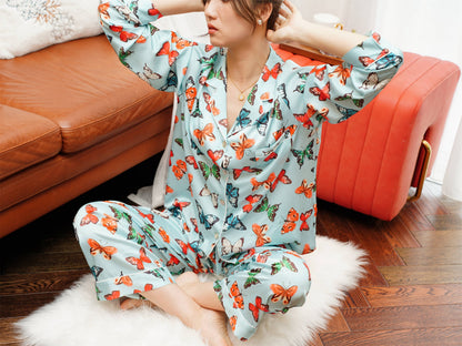 Exotic Butterfly Print Satin Long Pyjama Set, Bride And Bridesmaids Pajama, Pajama Set For Women ,  Gift For Her