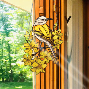 Yellow flowers with bird Window Hanging, Acrylic Yellow jessamine, Carolina State Bird Wall Window Hanging Art Decoration, gift for her