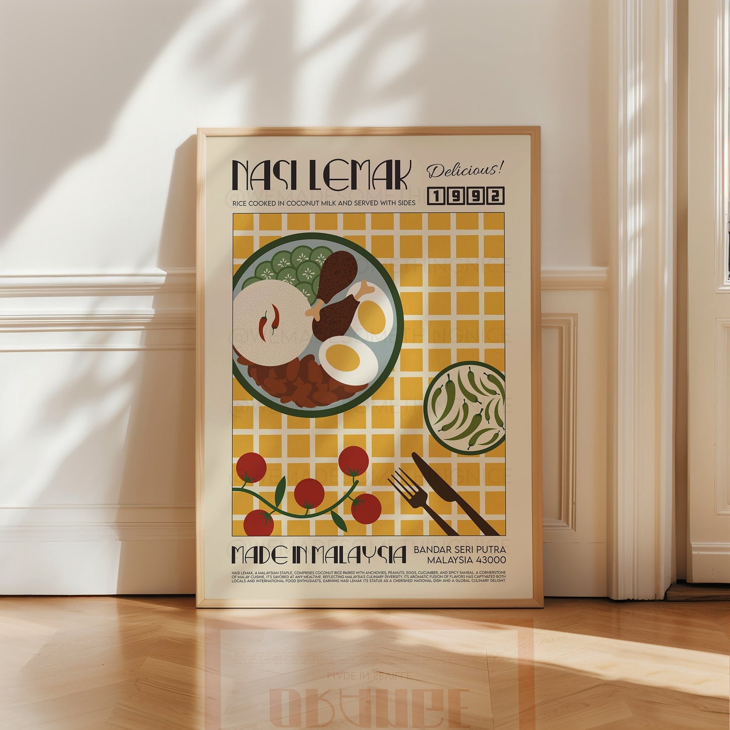 Nasi Lemak Poster, Food Print, Asian Food Poster, Modern Kitchen Decor, Illustration, Malaysia, Food, Chef Print, Bar Art, Retro Wall Art