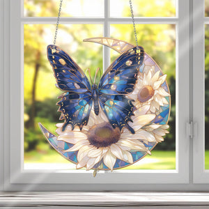 Acrylic Butterfly on Floral Moon window hanging, Color butterfly Art, Home and Garden Decor, Summer decoration, Best Gift For Mother's Day.