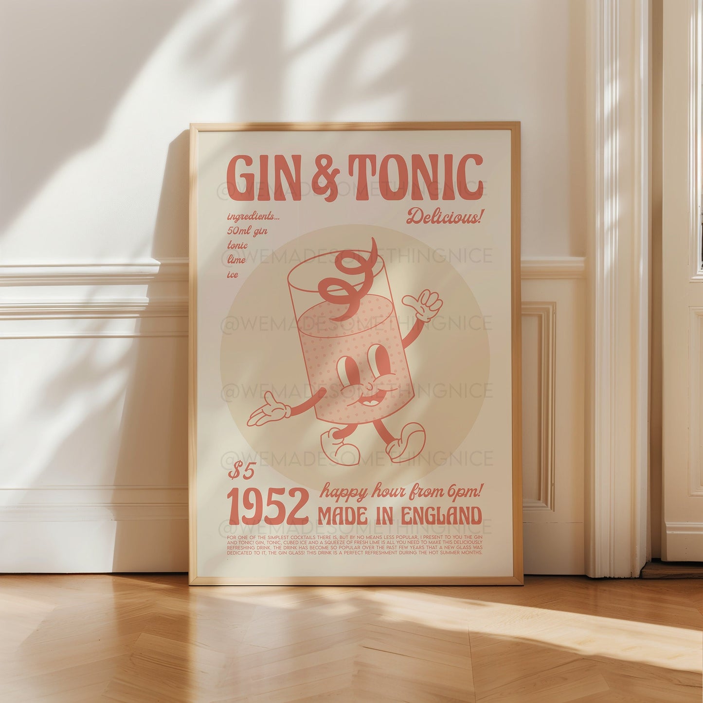 Gin and Tonic Print, Gin Poster, Kitchen Decor, Bar Art, Cocktail Poster, Mid Century Modern, Illustration, Birthday Housewarming