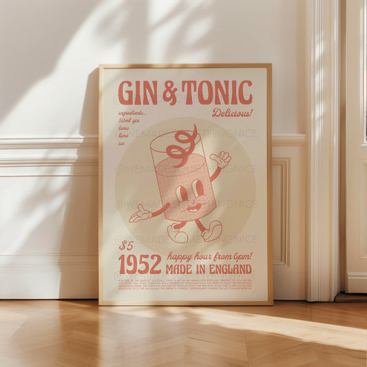 Gin and Tonic Print, Gin Poster, Kitchen Decor, Bar Art, Cocktail Poster, Mid Century Modern, Illustration, Birthday Housewarming