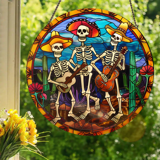 Dia de los Muertos Mariachi: Stained Glass Style Window Hanging
