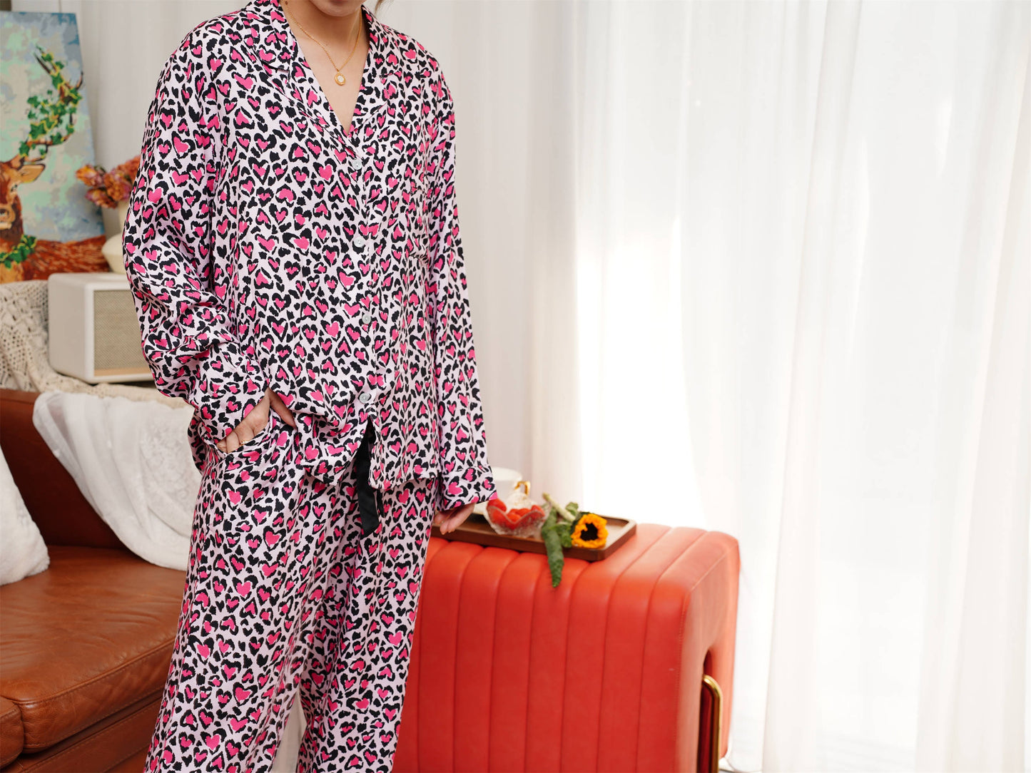 Pink Leopard Print Long Pyjama Set, Bride And Bridesmaids Pajama, Pajama For Women , Personalized Gift For Bridesmaids