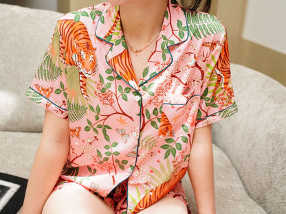 Satin Short-Sleeved Shirt Pyjama Set, Bride And Bridesmaids Pajama, Pajama Set , Pink Tiger Print, Gift For Her, Could Be Wear Outside