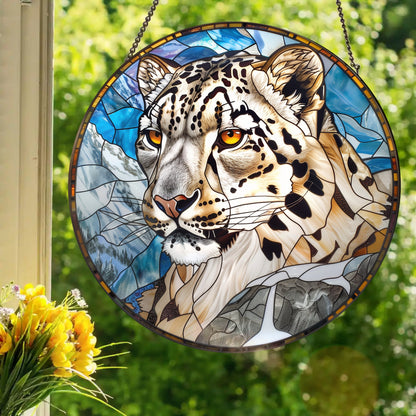 Snow Leopard: Stained Glass Style Window Hanging