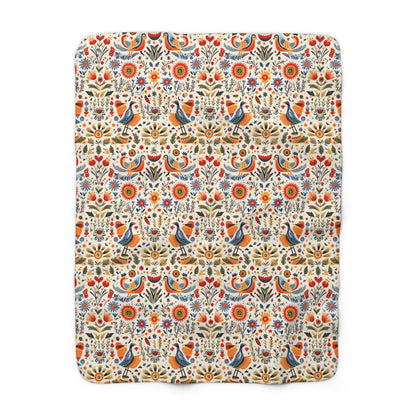 Scandinavian Charm Sherpa Fleece Blanket| Nordic Birds and Forest Images| Luxury Tradition in a Cozy Sherpa Blanket| Narvick Birds Blanket