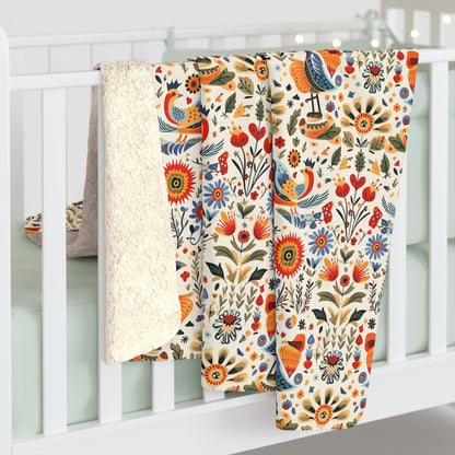 Scandinavian Charm Sherpa Fleece Blanket| Nordic Birds and Forest Images| Luxury Tradition in a Cozy Sherpa Blanket| Narvick Birds Blanket