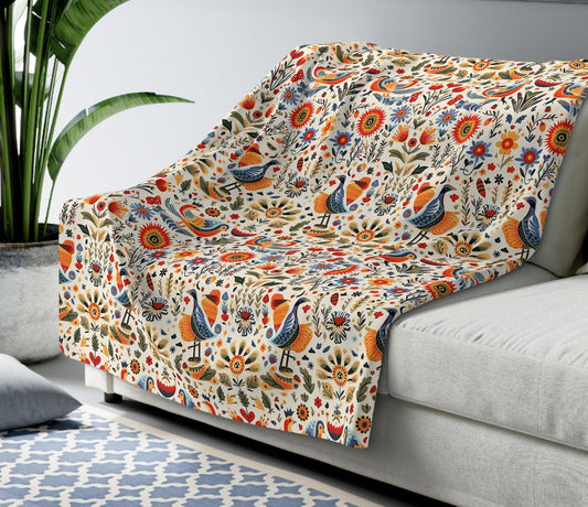 Scandinavian Charm Sherpa Fleece Blanket| Nordic Birds and Forest Images| Luxury Tradition in a Cozy Sherpa Blanket| Narvick Birds Blanket