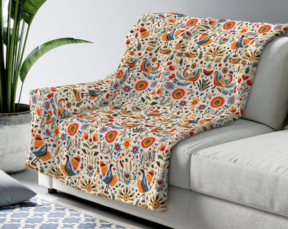 Scandinavian Charm Sherpa Fleece Blanket| Nordic Birds and Forest Images| Luxury Tradition in a Cozy Sherpa Blanket| Narvick Birds Blanket