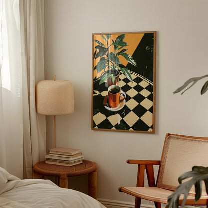 Retro Coffee Shop Print, Retro Cafe, Coffee Art, Checkerboard Tiles, Food Drink Kitchen Poster, Dining Room Art, Coffee Lover Gift, Vintage