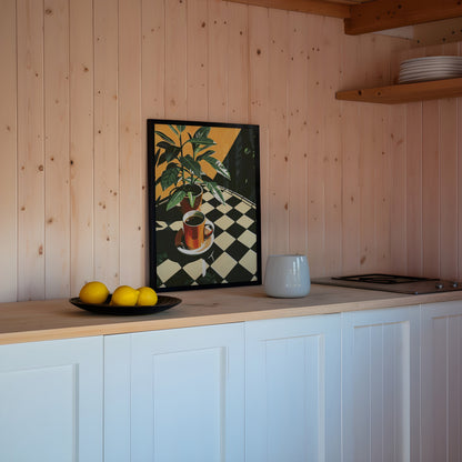 Retro Coffee Shop Print, Retro Cafe, Coffee Art, Checkerboard Tiles, Food Drink Kitchen Poster, Dining Room Art, Coffee Lover Gift, Vintage