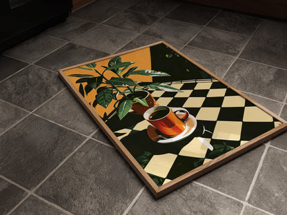 Retro Coffee Shop Print, Retro Cafe, Coffee Art, Checkerboard Tiles, Food Drink Kitchen Poster, Dining Room Art, Coffee Lover Gift, Vintage