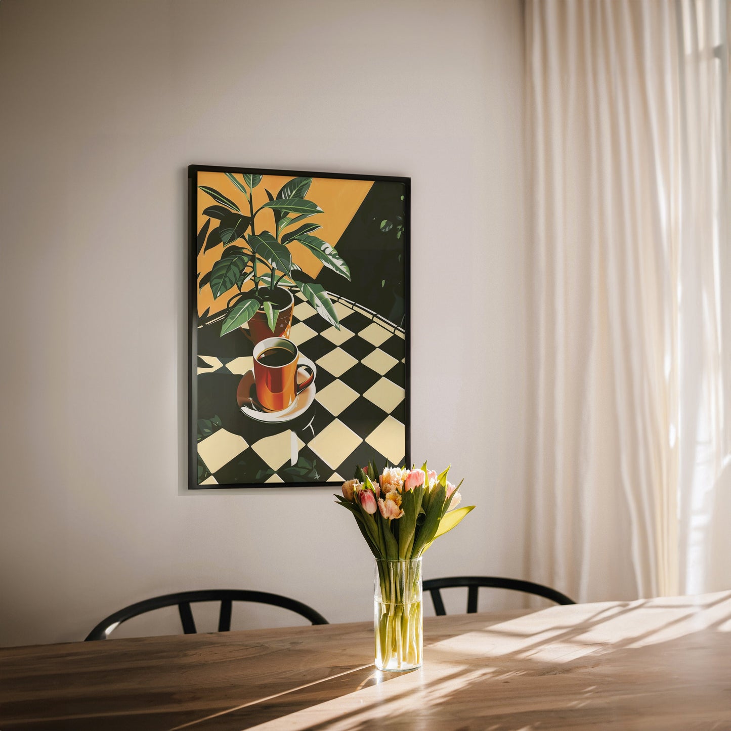 Retro Coffee Shop Print, Retro Cafe, Coffee Art, Checkerboard Tiles, Food Drink Kitchen Poster, Dining Room Art, Coffee Lover Gift, Vintage